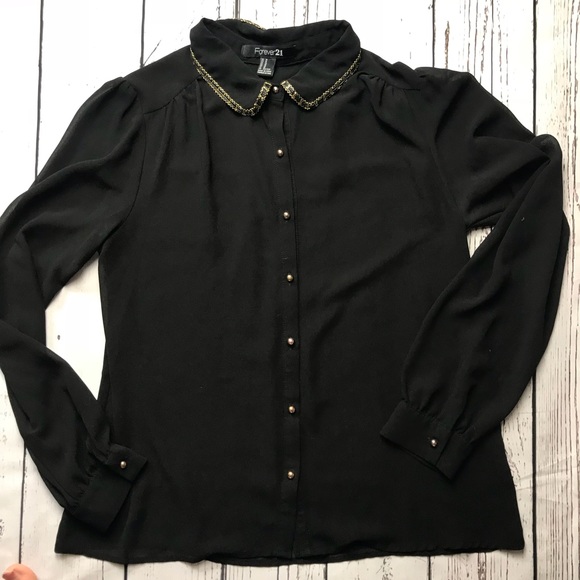 Forever 21 black button down blouse w gold details - Picture 6 of 8